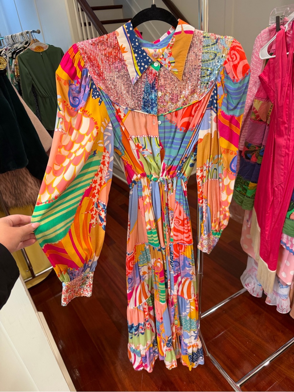 CeliaB Bright Multicolor Patchwork Maxi Dress with Sequin Yoke